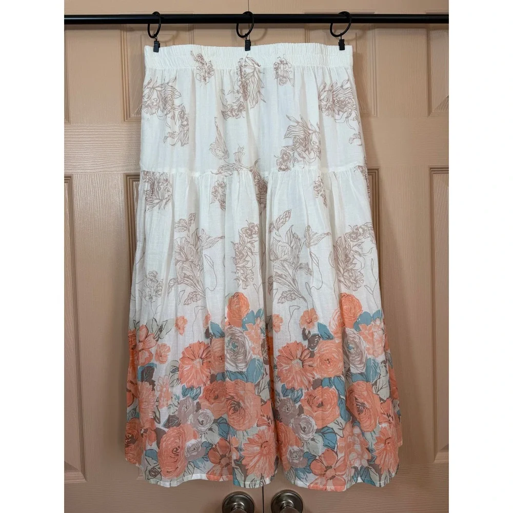 Cottagecore Tiered Floral Maxi Skirt Cotton Boho Peach Sage Large Petite LP